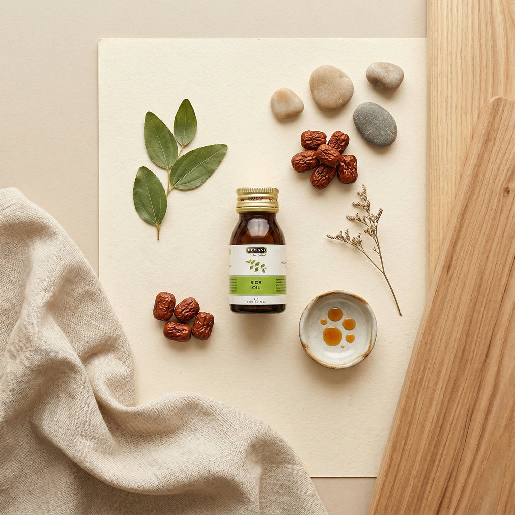 Ambiance naturelle huile de Sidr - Composition flat lay