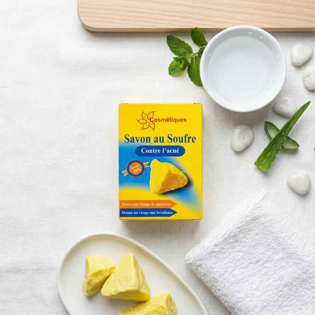 Ambiance soin savon au Soufre - Composition flat lay