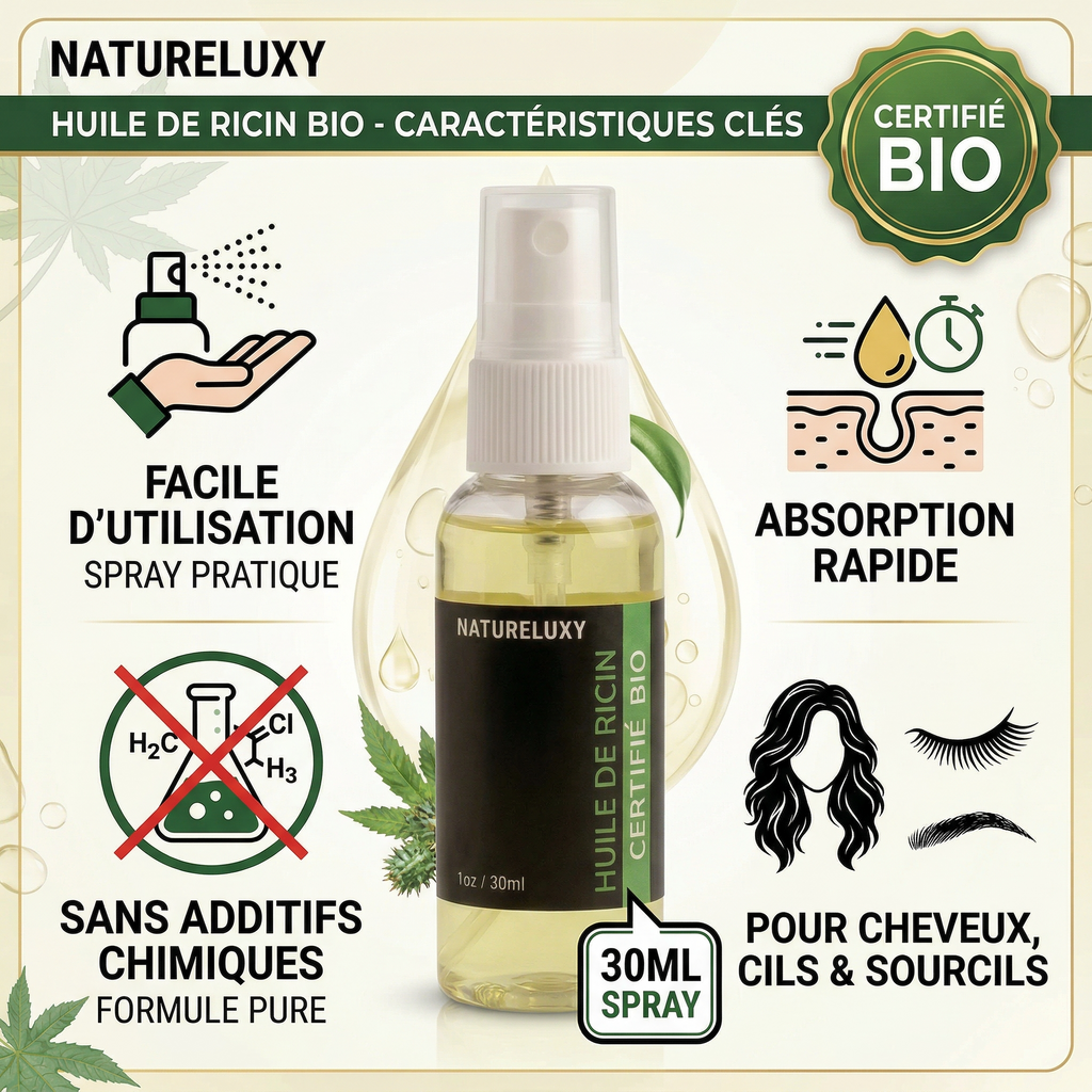 Huile de Ricin 100 ml - Spray Cheveux Ongles Peau