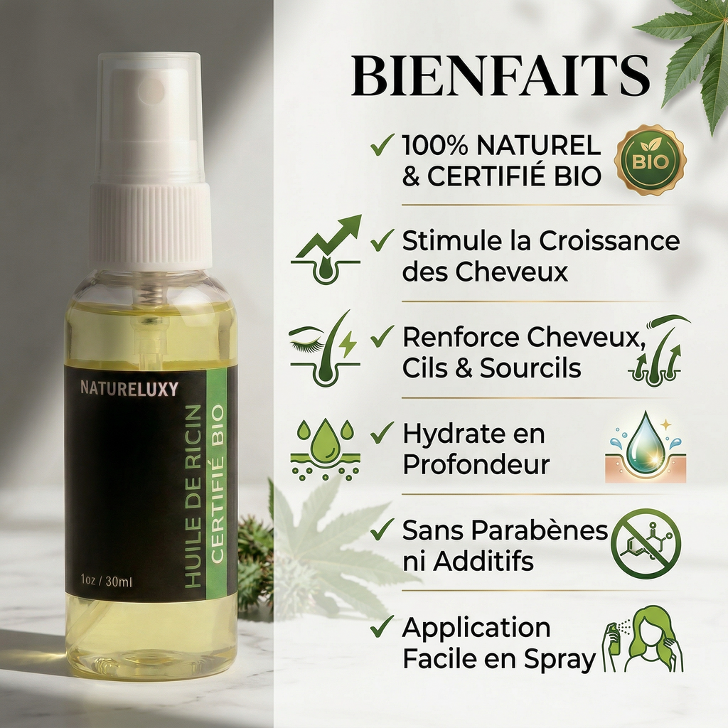 Huile de Ricin 100 ml - Spray Cheveux Ongles Peau
