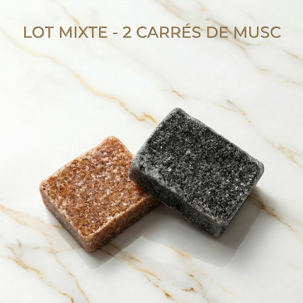 Lot de 2 carrés de musc ambré et noir – parfum solide - détail produit
