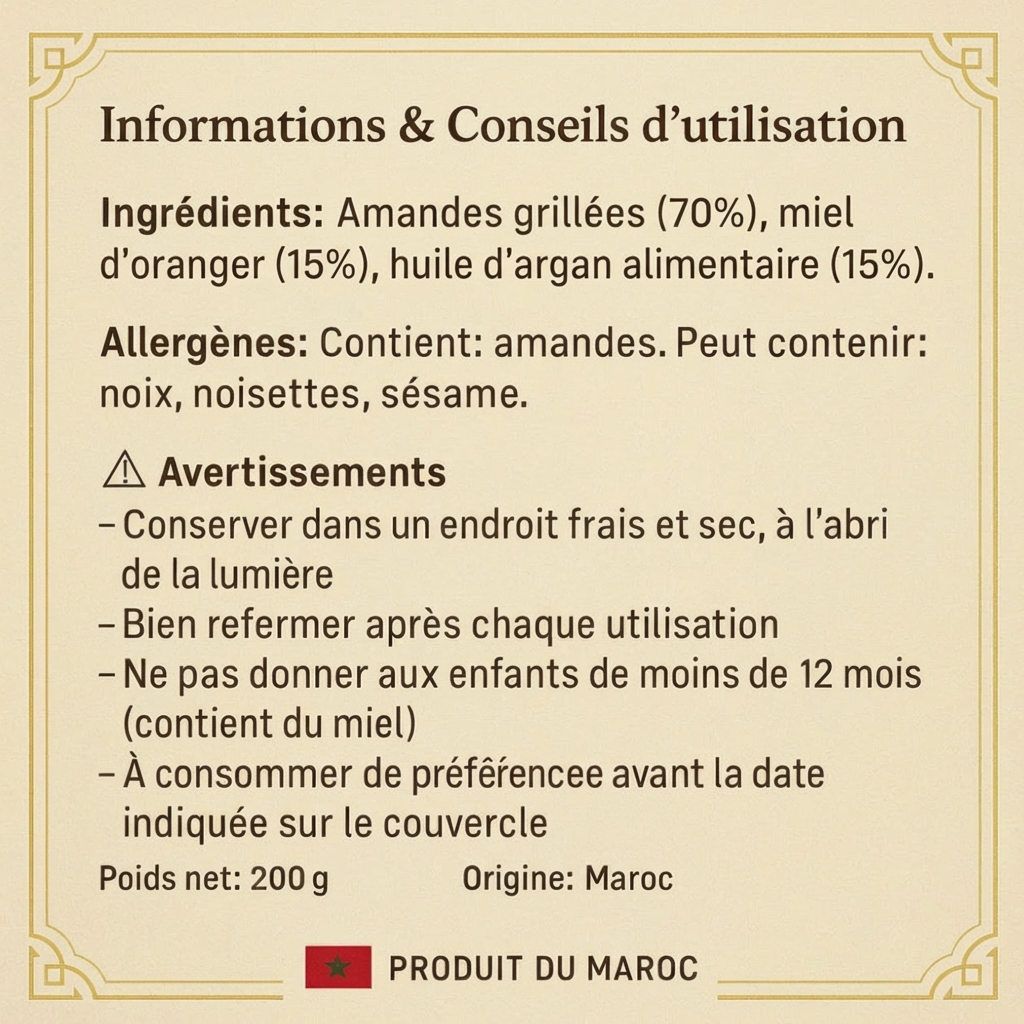 Amlou aux Amandes 500g - Pâte à Tartiner à l’Huile d’Argan et au Miel d’Oranger