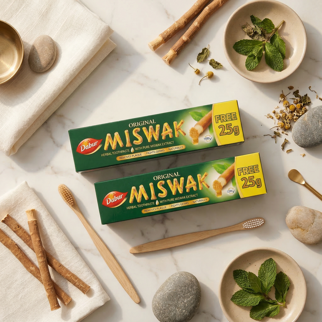 Lot de 2 Dabur Miswak Dentifrice sans fluor – (50 g + 25 g) – Extrait d’Al-Arak