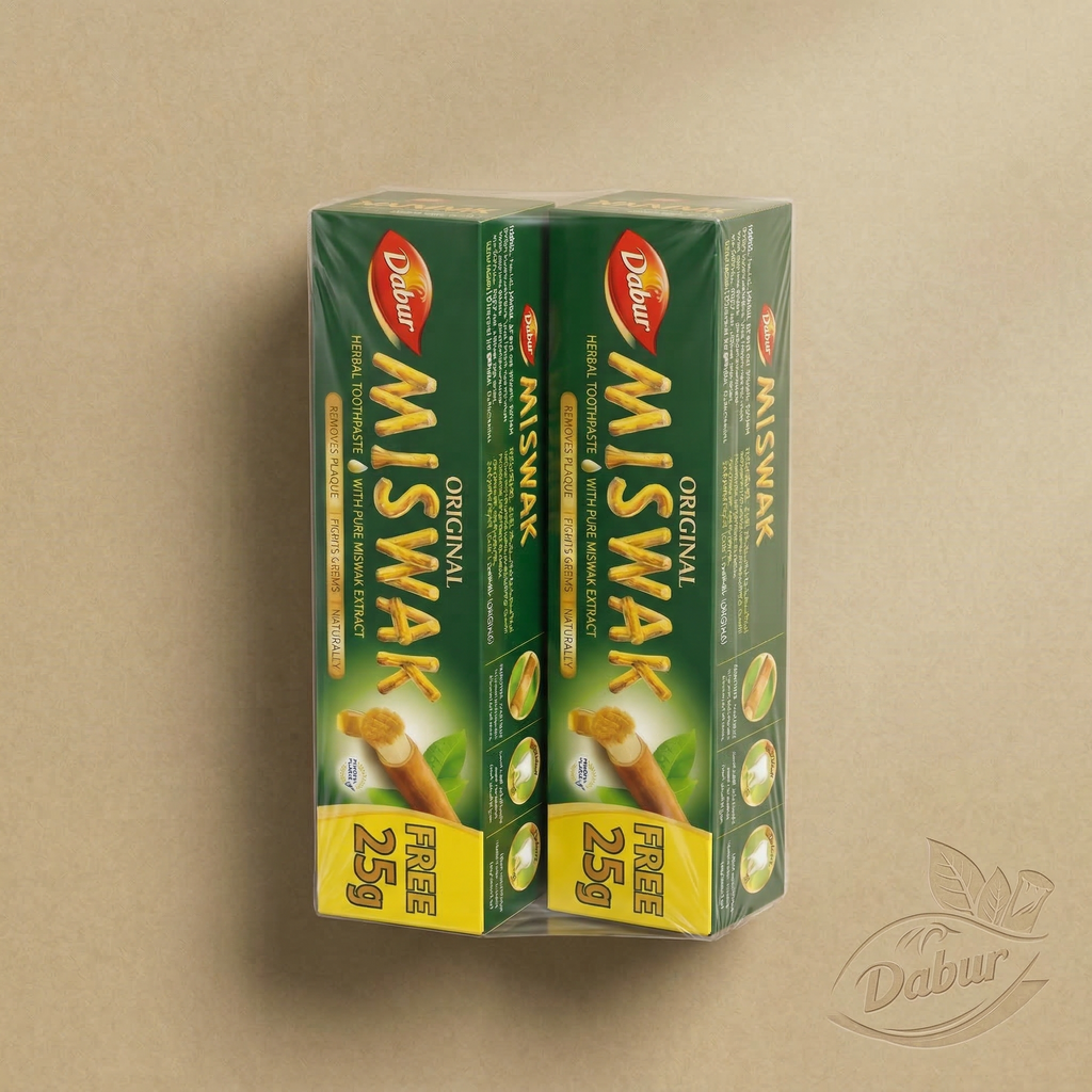 Lot de 2 Dabur Miswak Dentifrice sans fluor – (50 g + 25 g) – Extrait d’Al-Arak