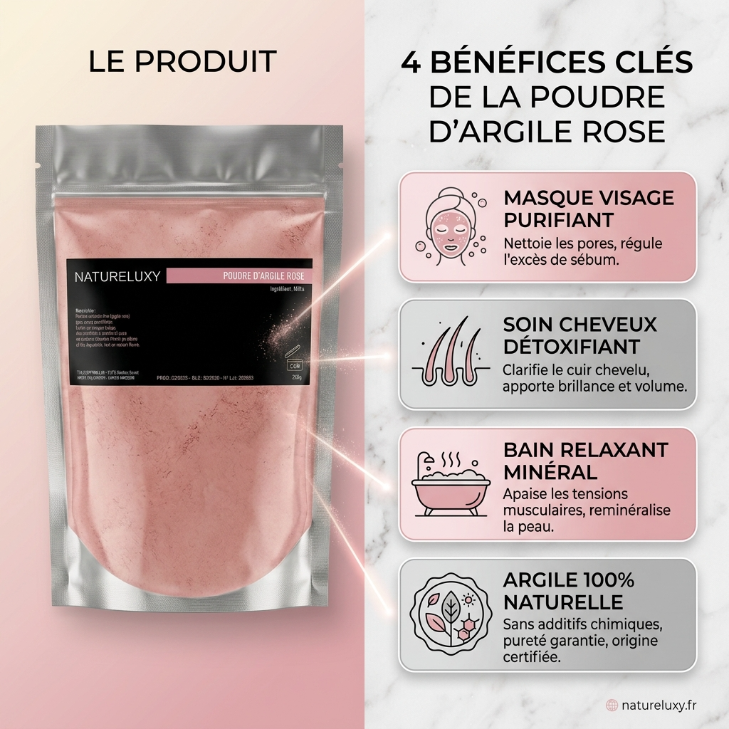Argile rose en poudre 250 g – Usage externe (masque visage, cheveux, bain)