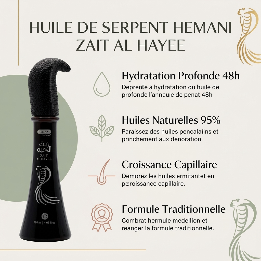 Huile de Serpent 120 ml Hemani Zait Al Hayee - Huile capillaire aux huiles végétales