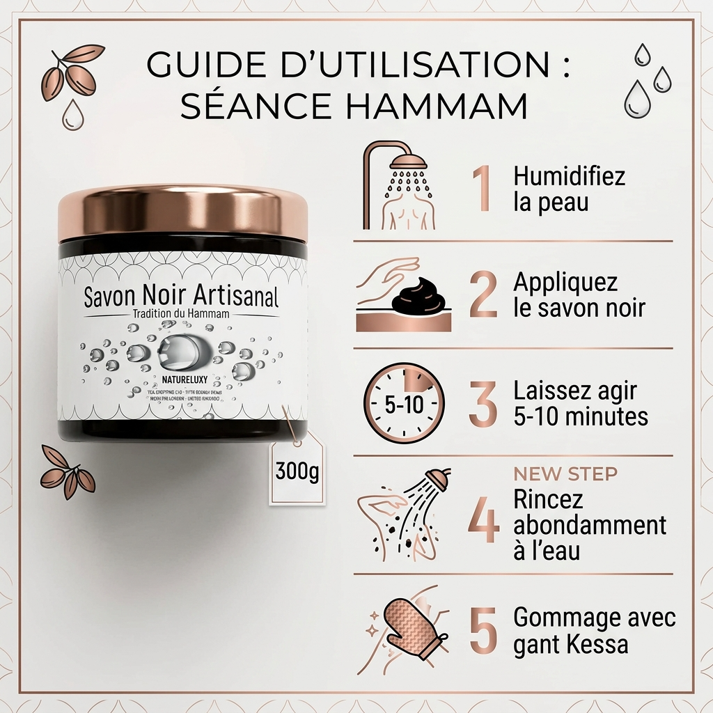 Savon noir marocain 300 g – Pâte exfoliante pour hammam (usage externe)