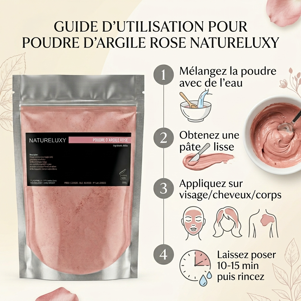 Argile rose en poudre 250 g – Usage externe (masque visage, cheveux, bain)