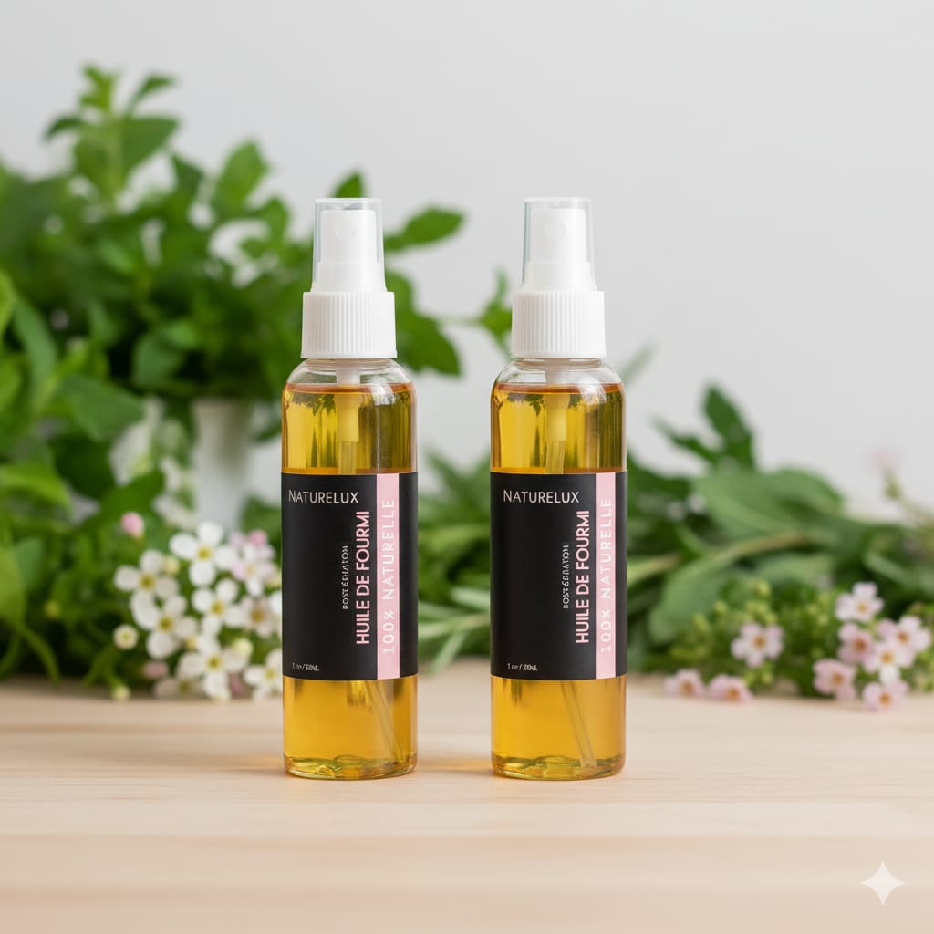 Deux flacons d'huile de fourmi Natureluxy 30 ml posés sur bois clair devant des plantes vertes et fleurs blanches
