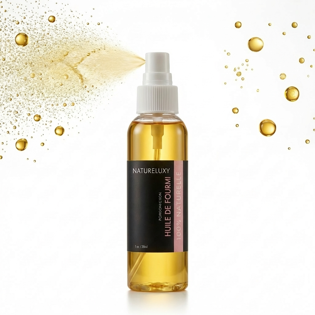 Flacon spray d'huile de fourmi Natureluxy vaporisant une brume dorée, application rapide post-épilation