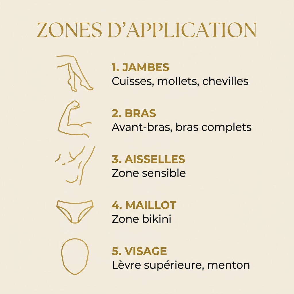 Zones d'application de l'huile de fourmi : jambes, bras, aisselles, maillot et visage