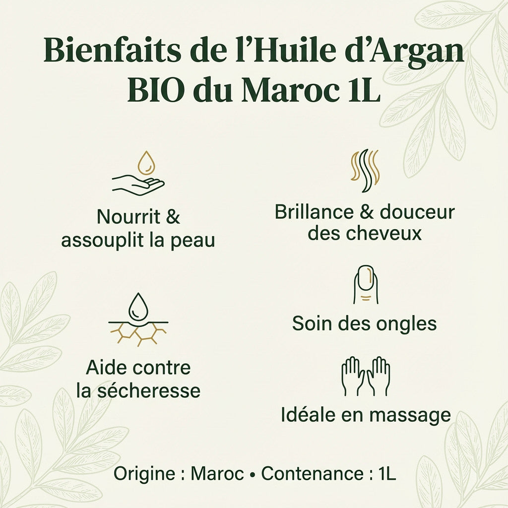 Bannière bienfaits Huile d'Argan BIO 1L – Natureluxy