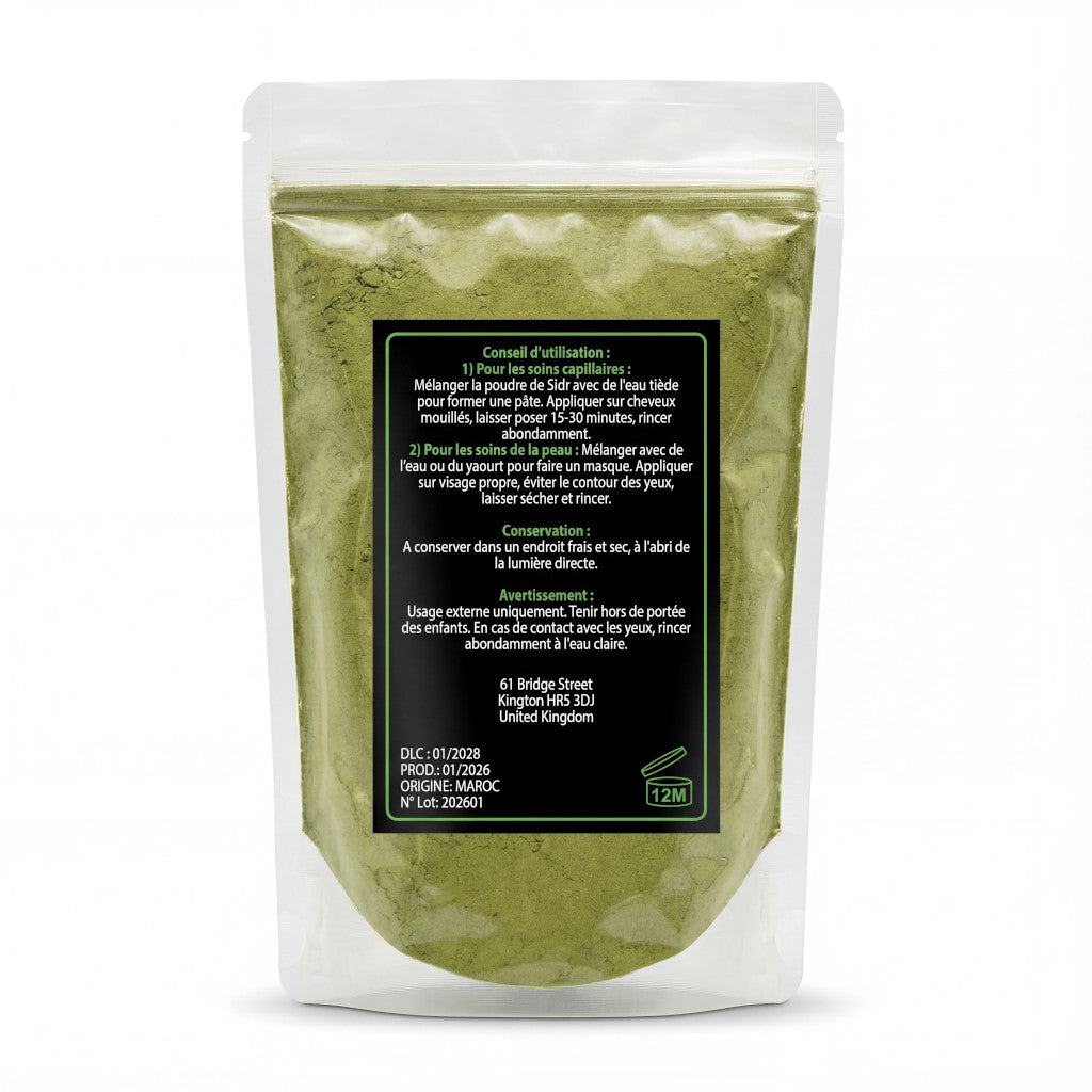 Vue arrière sachet Sidr avec informations complètes utilisation conservation et origine Maroc