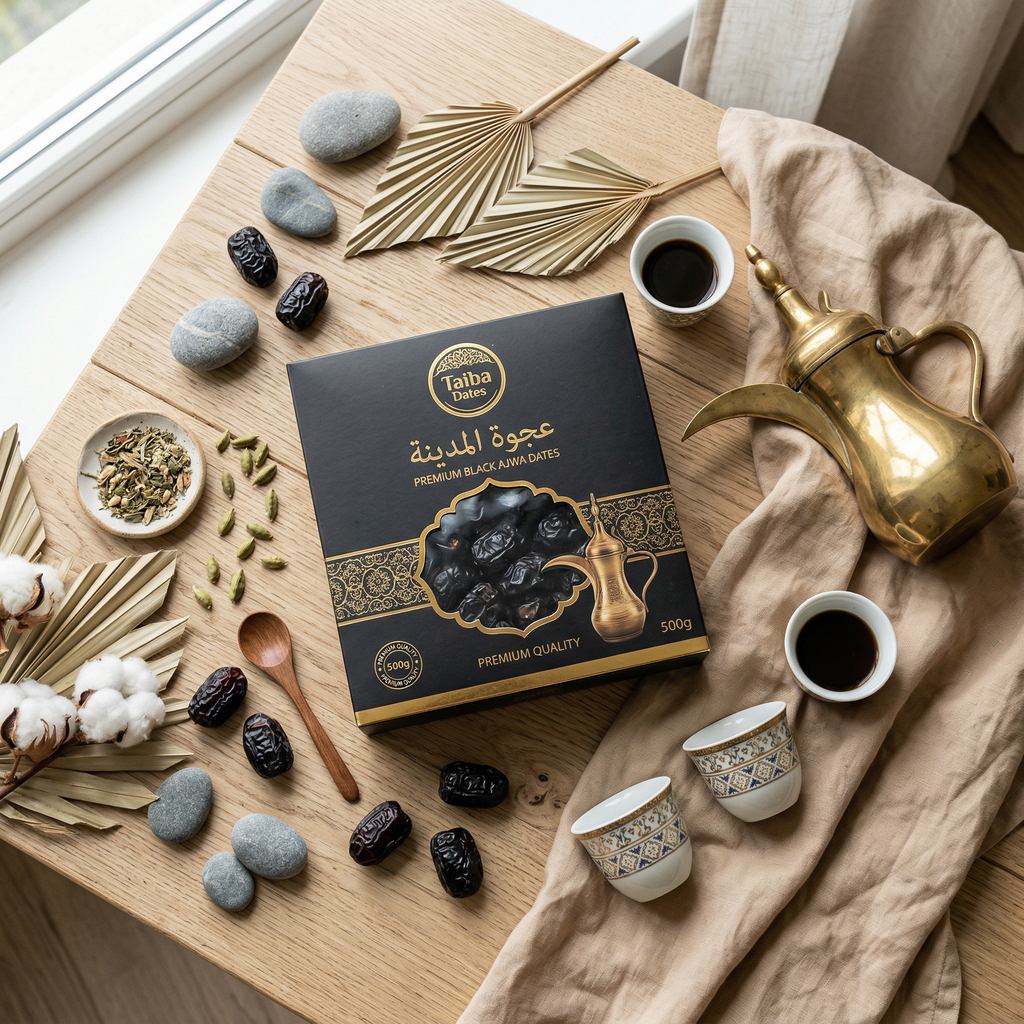 Taiba Dates Ajwat Al Madinah - Flat lay stylisé