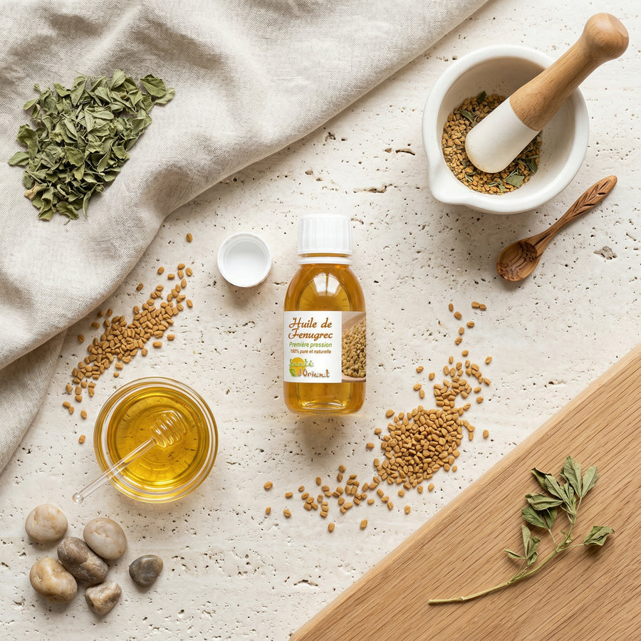 Ambiance naturelle huile de Fenugrec - Composition flat lay