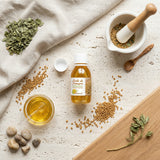 Ambiance naturelle huile de Fenugrec - Composition flat lay