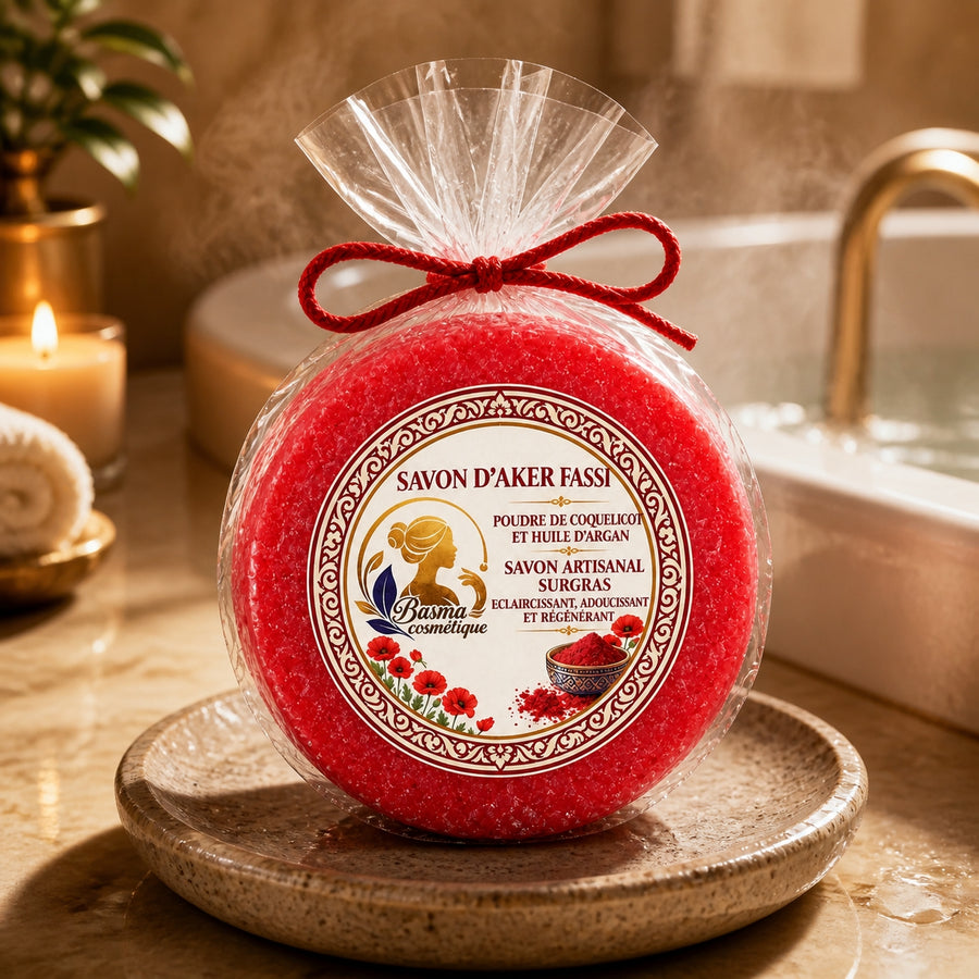Savon d'Aker Fassi sur pierre à savon – ambiance salle de bain