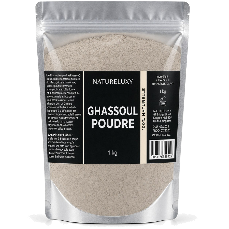 1Kg Argile Ghassoul en Poudre Ultrafine - Masque Visage Corps Cheveux - Moroccan Lava Clay – produit naturel présenté par Natureluxy