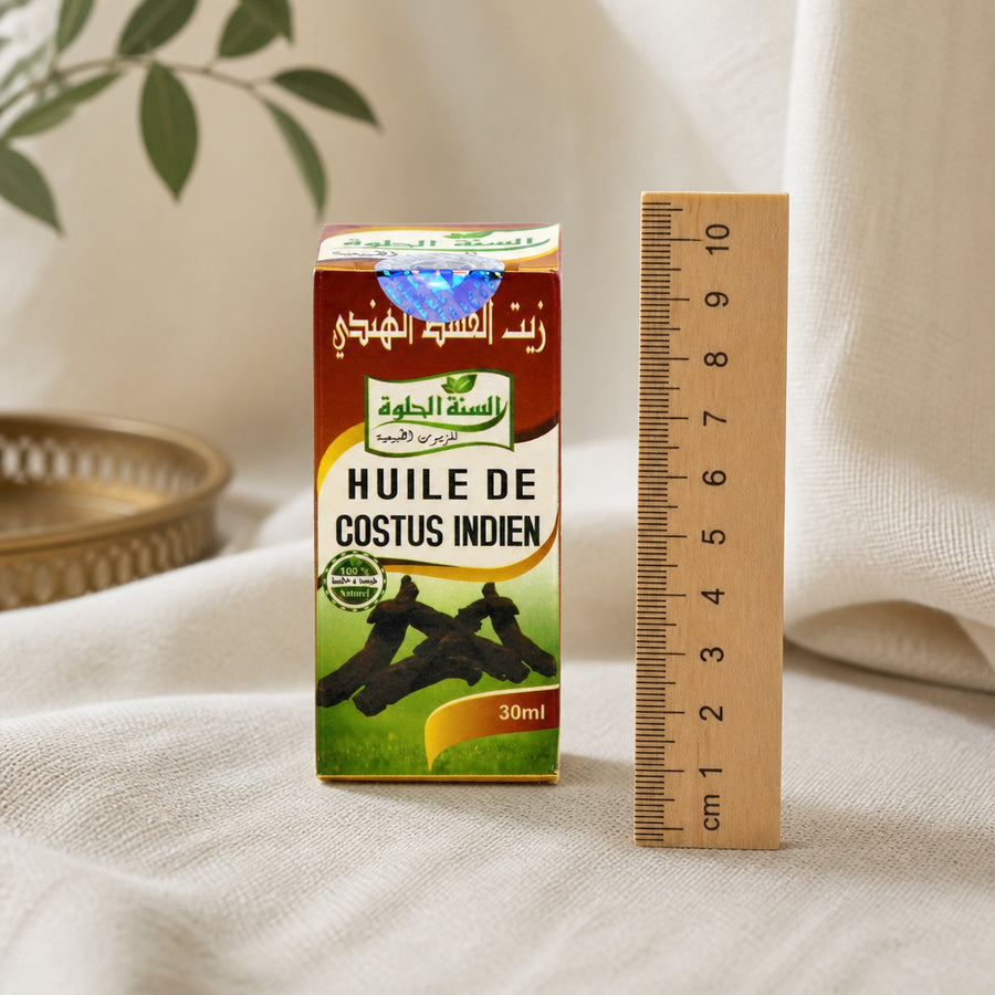 Huile de Costus Indien 30 mL Sweet Sunnah — référence d'échelle avec règle 10 cm