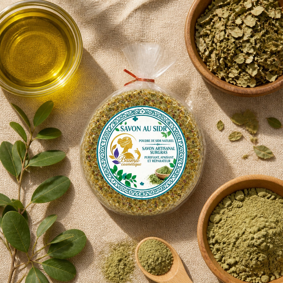 Savon au Sidr et ingrédients naturels : feuilles de jujubier, poudre de Sidr, huile d'olive