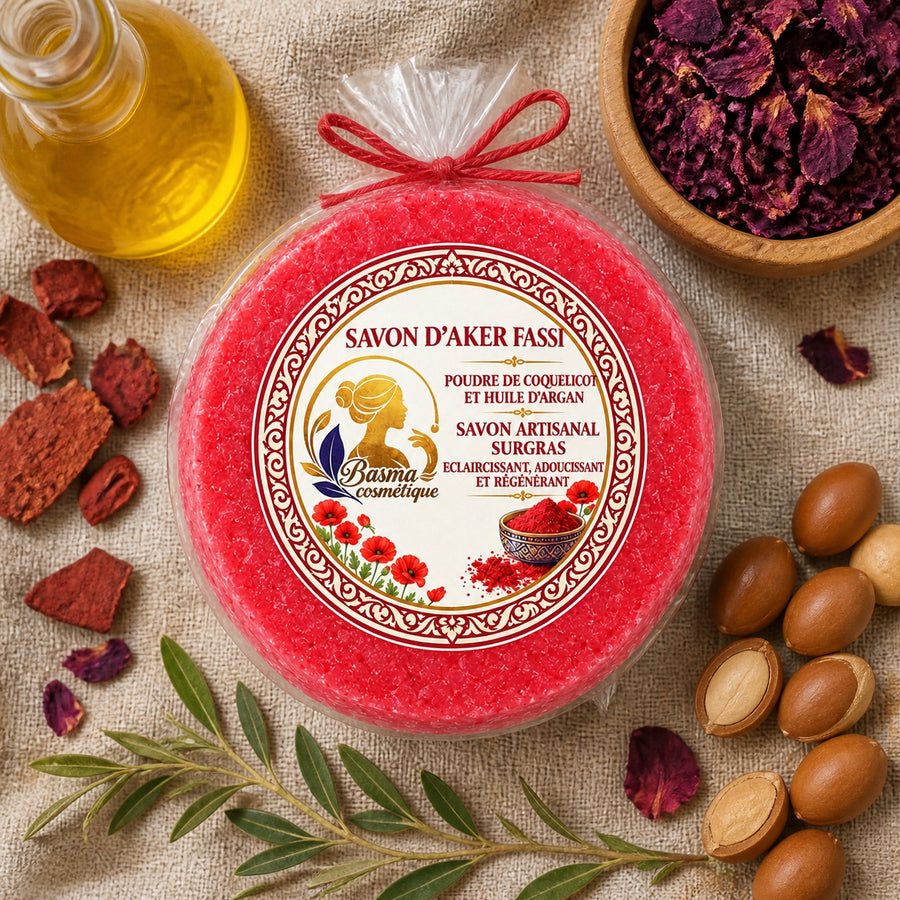 Savon d'Aker Fassi et ingrédients naturels : coquelicot, grenade, huile d'argan