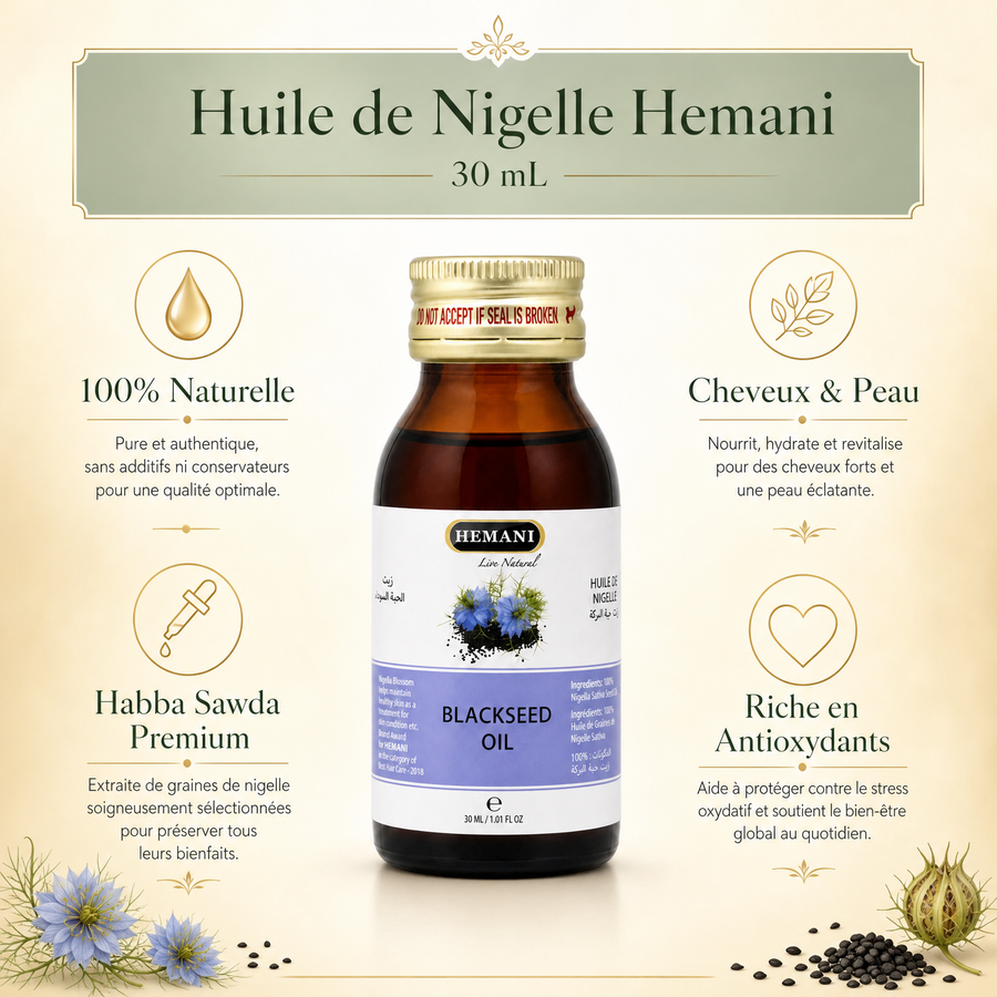 Hemani Blackseed Oil 30mL — bénéfices infographie