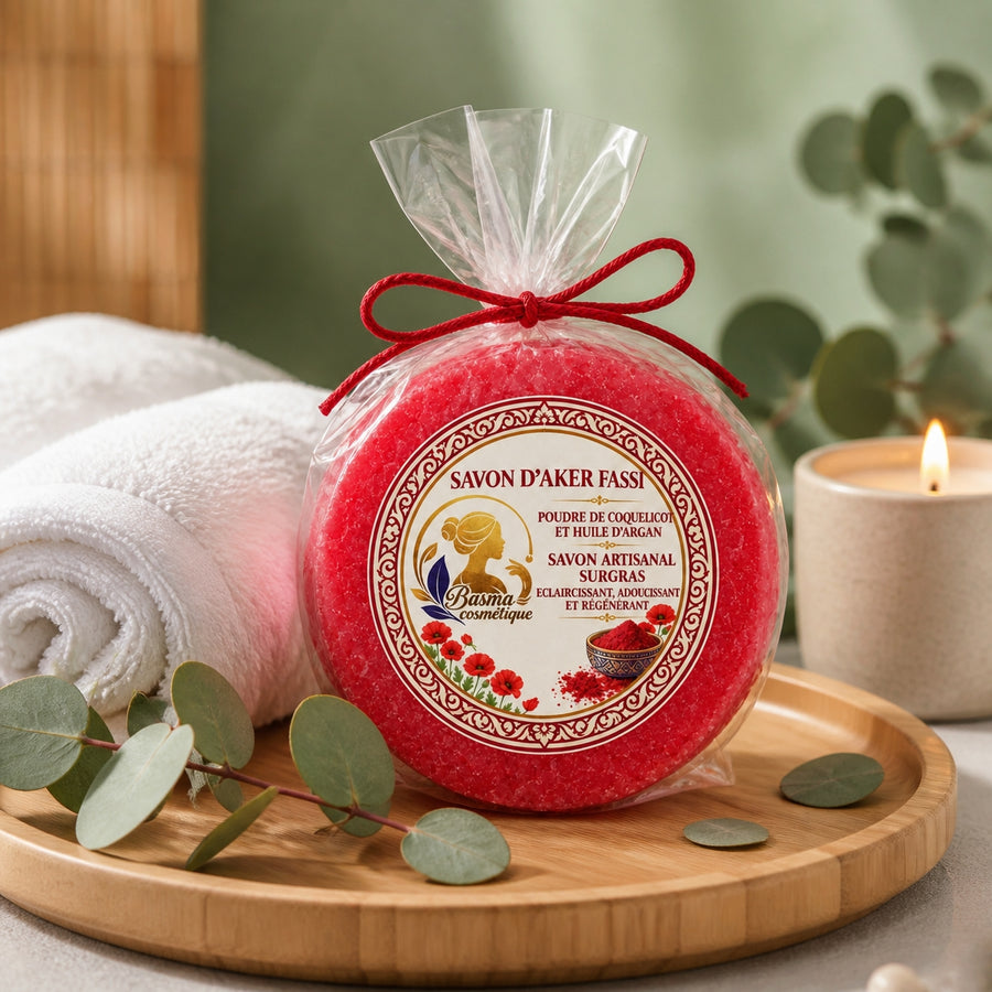 Savon d'Aker Fassi en ambiance spa zen – plateau bambou et eucalyptus