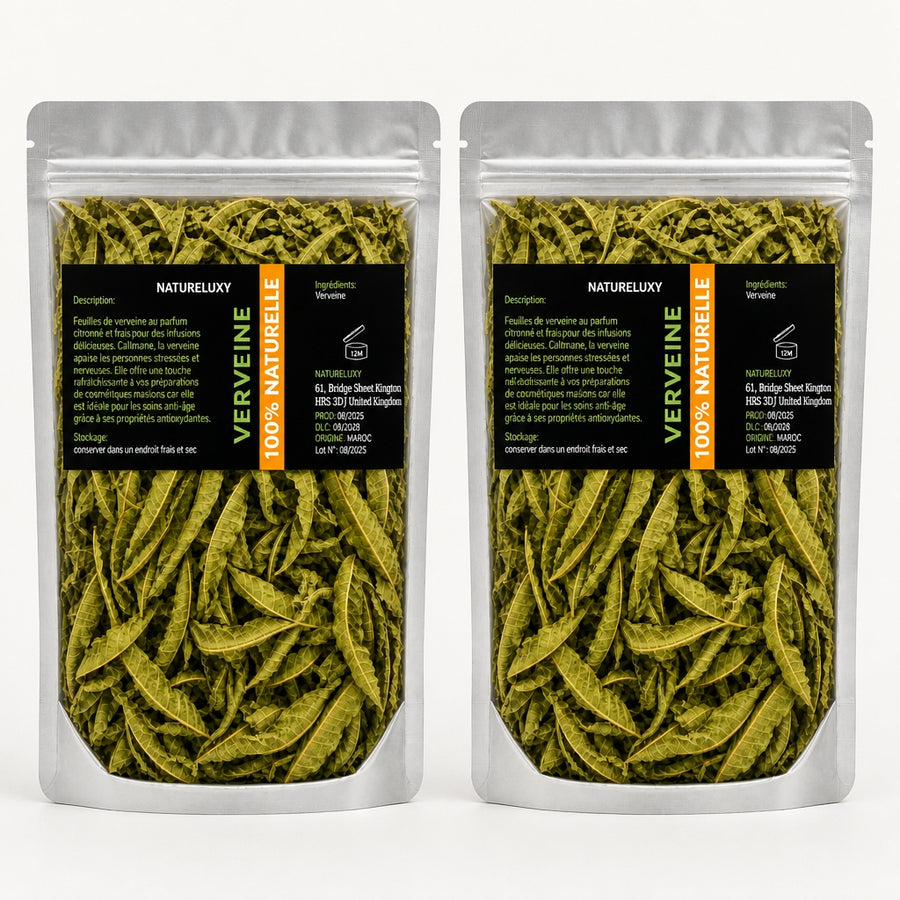 Feuilles de Verveine séchées 2×50 g naturelles — vue principale hero, sachets stand‑up argentés