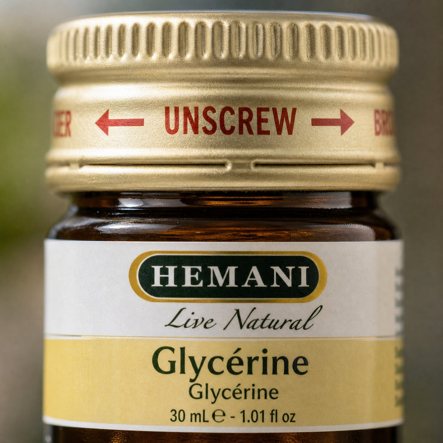 Hemani Huile de Glycérine 30 mL — Macro texture & étiquette