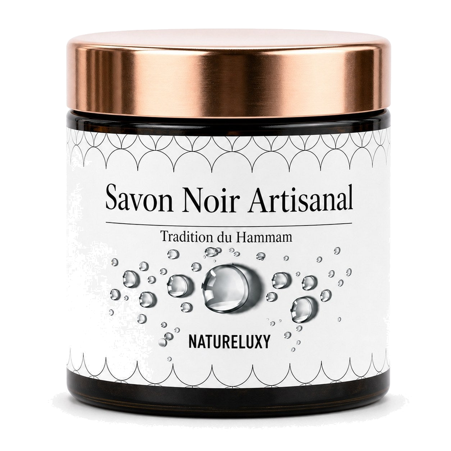 Savon noir marocain 300 g – Pâte exfoliante pour hammam (usage externe) – produit naturel présenté par Natureluxy