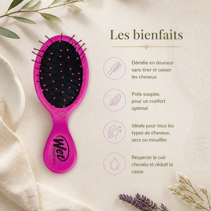Wet Brush Baby Violet — infographie des bienfaits en français (démêlage sans douleur, poils souples)