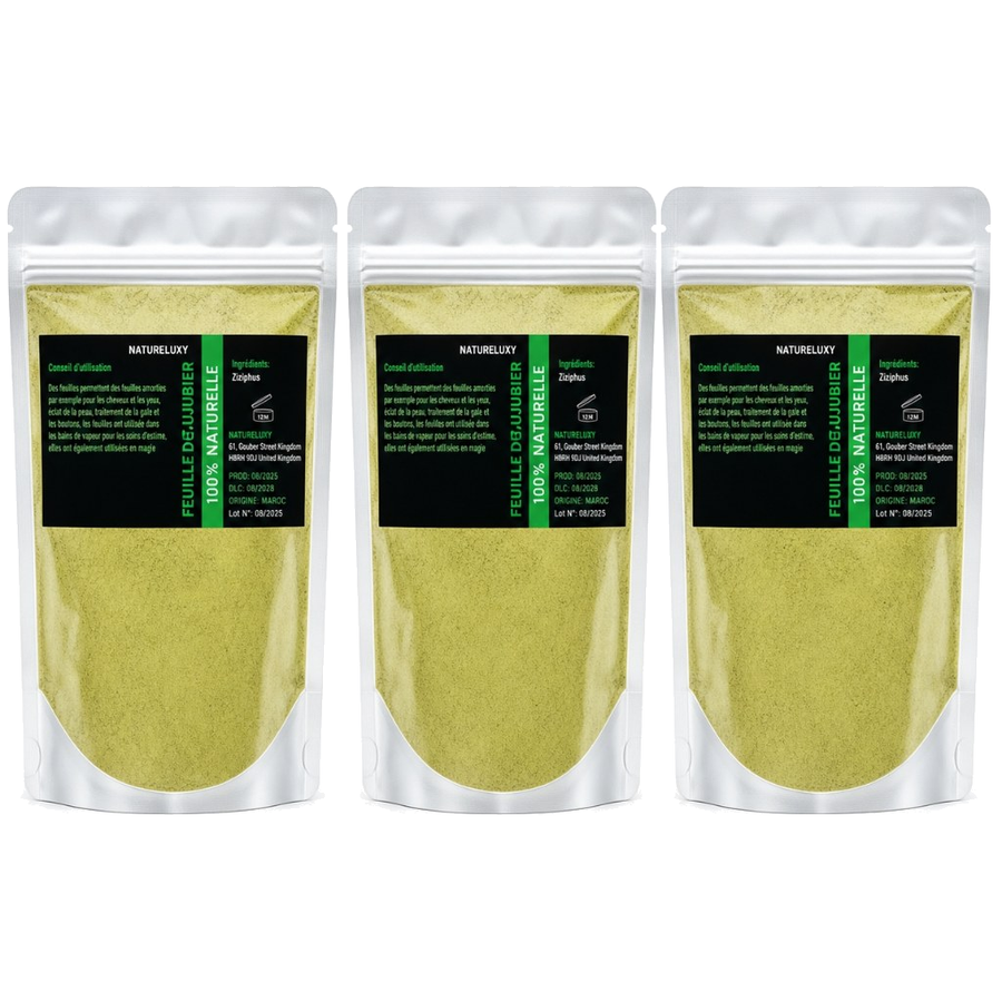 Poudre de Sidr Naturelle 3 x 80 g - Feuilles de Jujubier pour cheveux – produit naturel présenté par Natureluxy