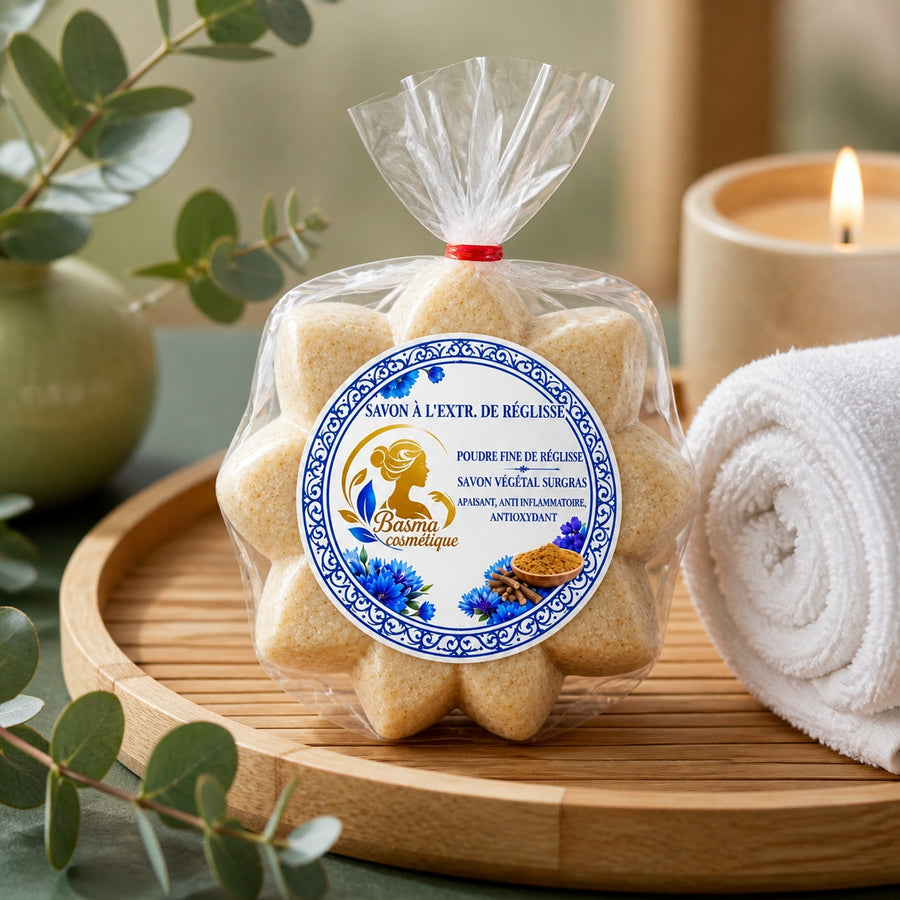 Savon à la réglisse en ambiance spa zen – plateau bambou et eucalyptus