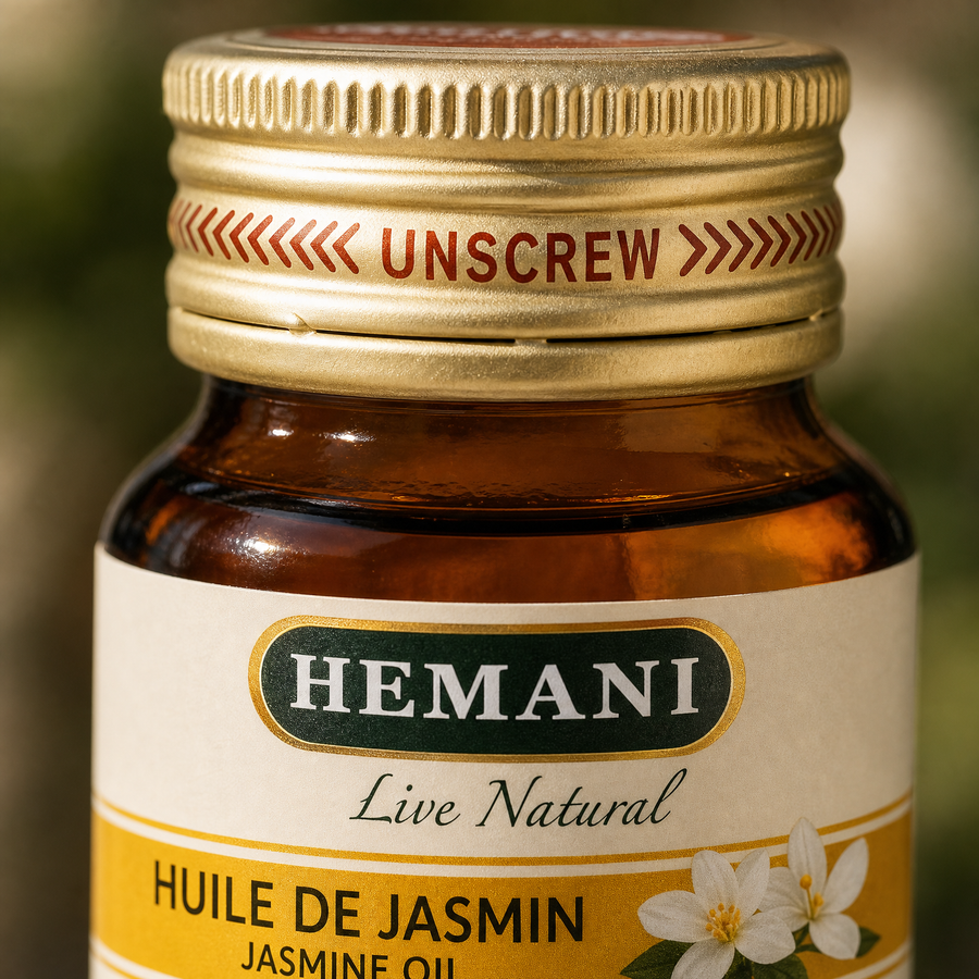 Hemani Huile de Jasmin 30 mL — Macro texture & étiquette