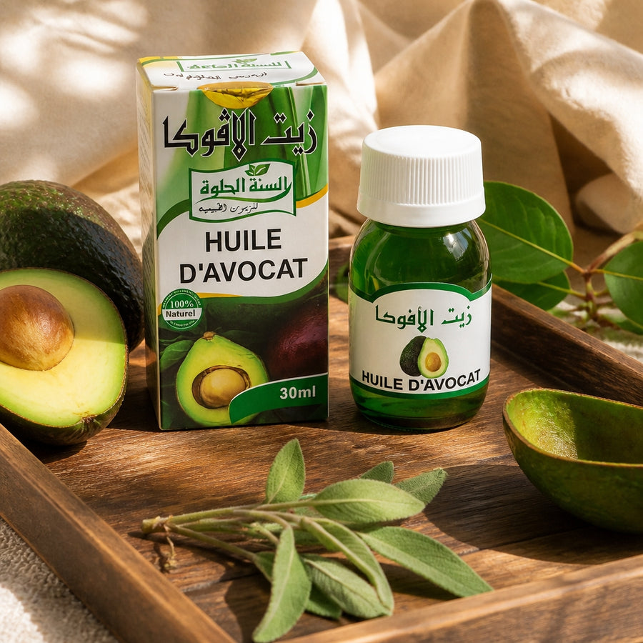 Huile d'Avocat 30 ml 100 % Naturel Sweet Sunnah — vue lifestyle ambiance végétale