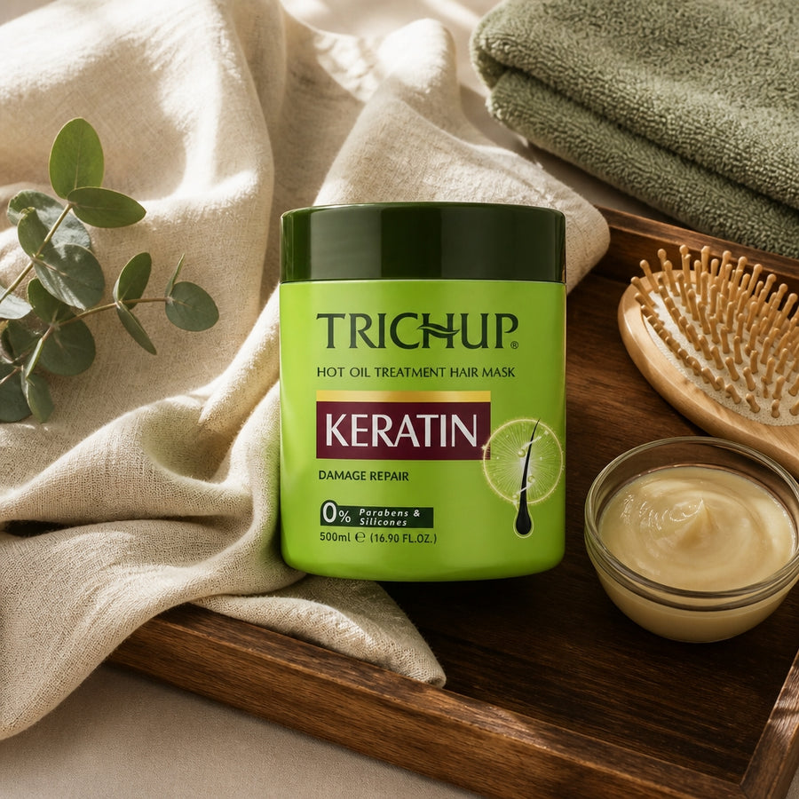 Masque Capillaire Keratine Trichup 500 ml — ambiance lifestyle, présentation rustique
