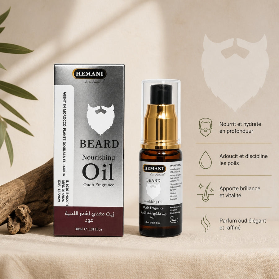 Huile à Barbe senteur oud Hemani — infographie des bienfaits en français