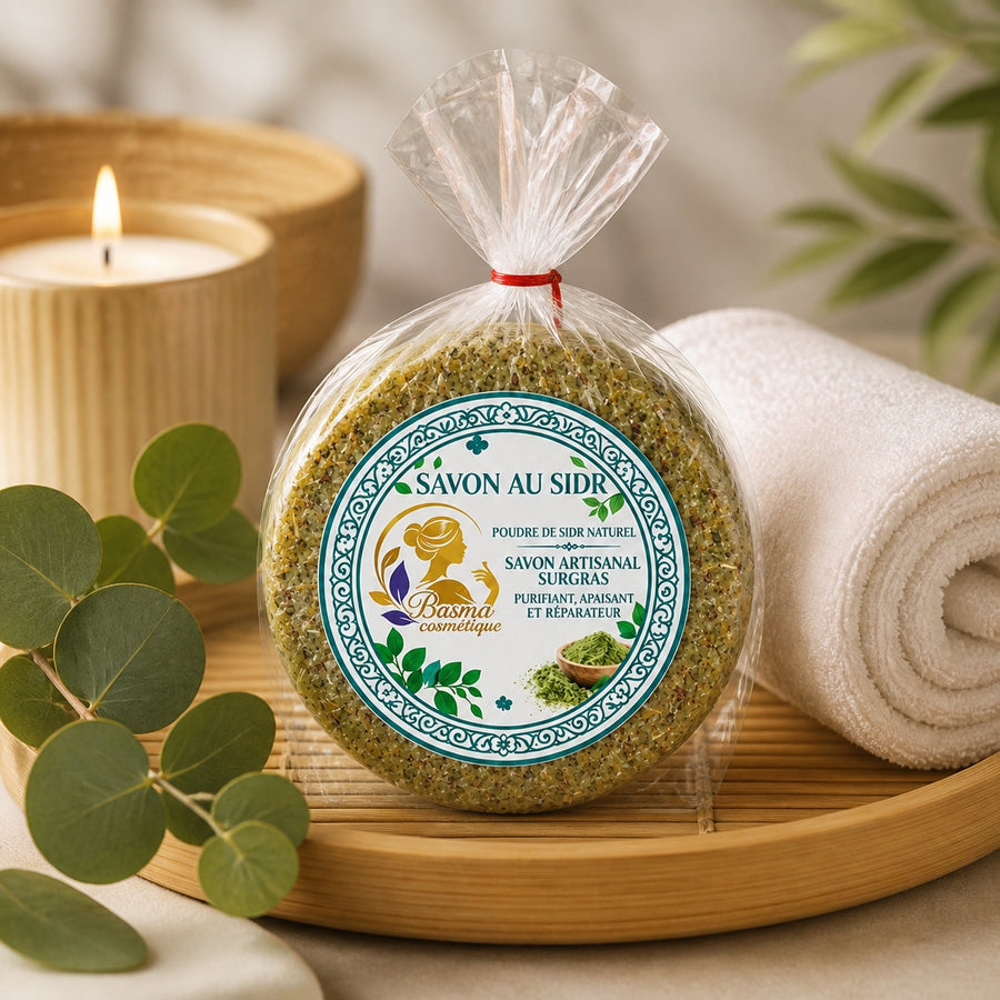 Savon au Sidr en ambiance spa zen – plateau bambou et eucalyptus