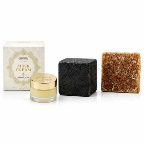 Pack crème musc + 2 carrés de musc ambré et noir – parfum solide