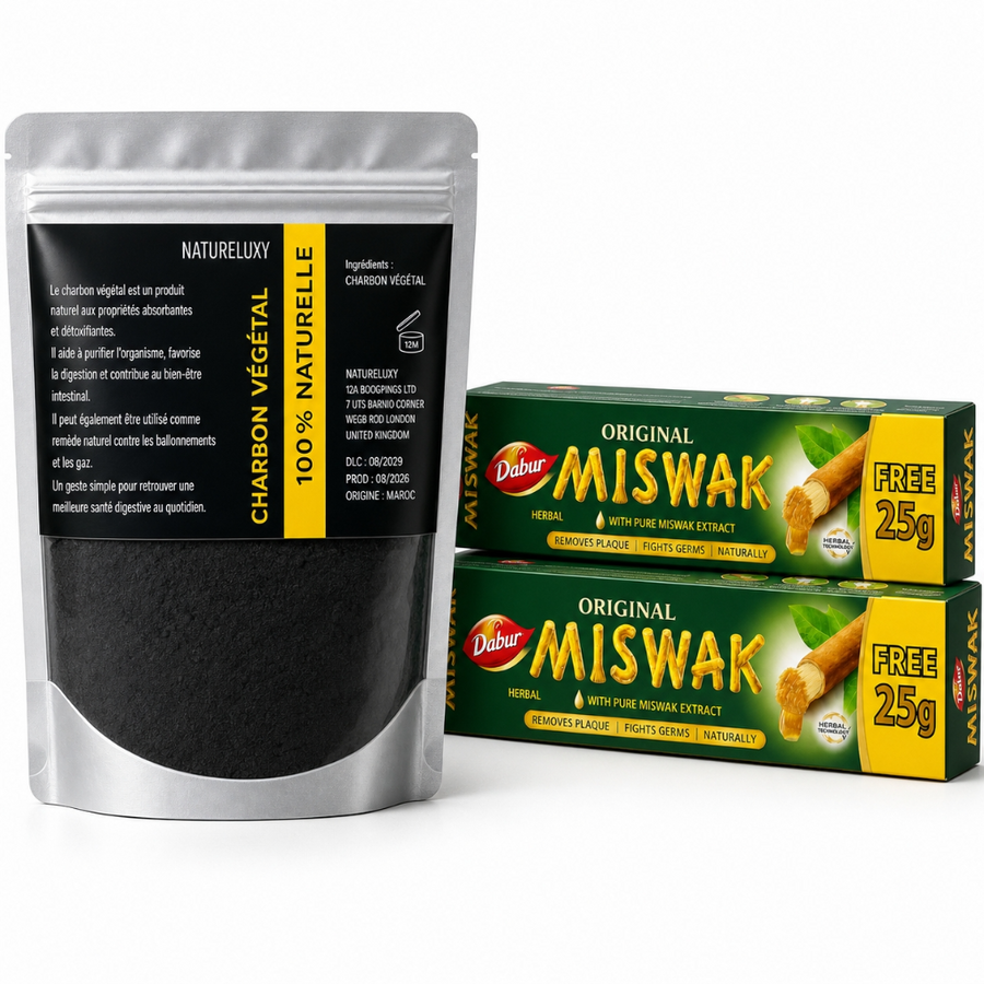 Packung mit 1 Aktivkohle-Pulver zur Zahnaufhellung + 2 fluorfreien Miswak-Zahnpasta