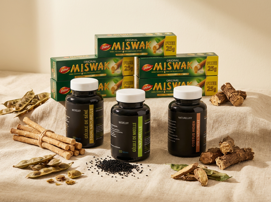 Pack bien-être naturel complet Nigelle, Costus, Séné, Miswak x5