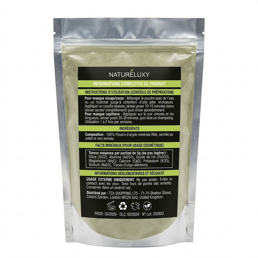 Argile verte en poudre 500 g – Usage externe (visage, cheveux, bains)