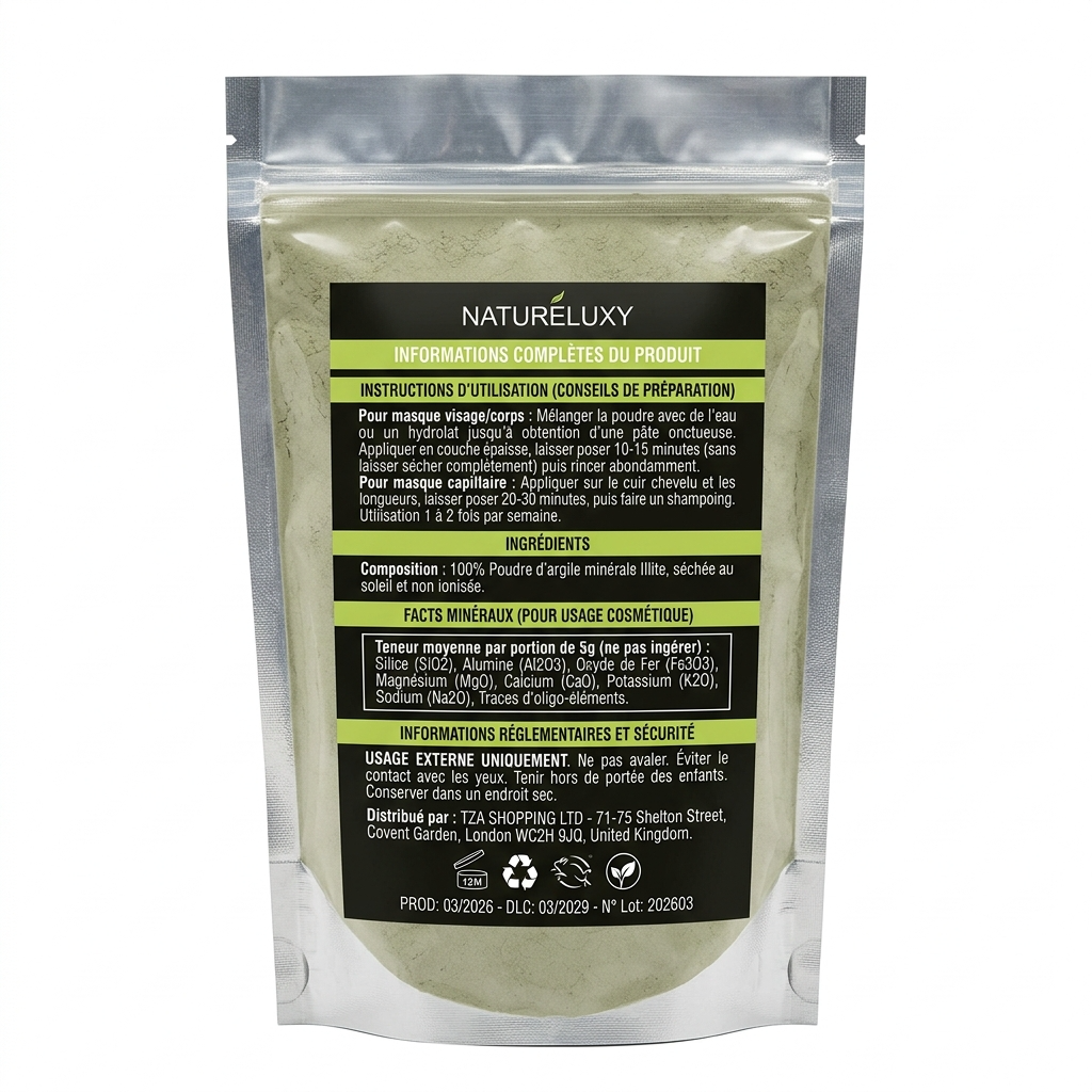 Argile verte en poudre 500 g – Usage externe (visage, cheveux, bains)