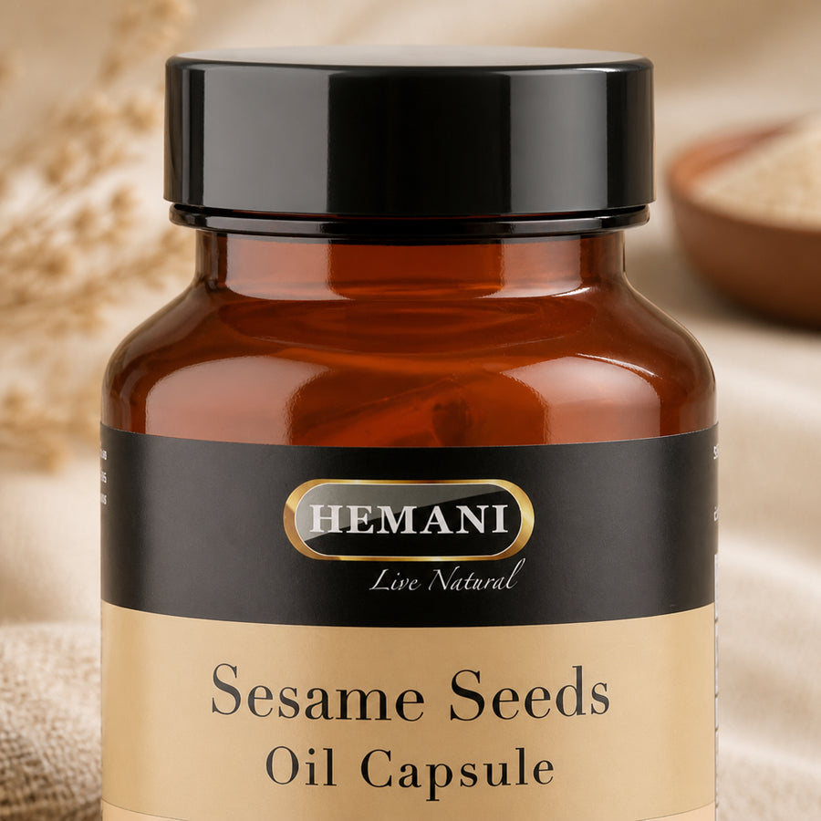 50 Capsules de Sésame Hemani — gros plan texture bouchon et étiquette supérieure