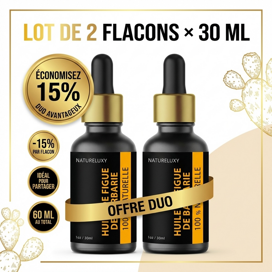 Lot 2× Huile de Figue de Barbarie 30 ml Pipette – Soin visage anti-âge, peaux matures & déshydratées (Origine Maroc)