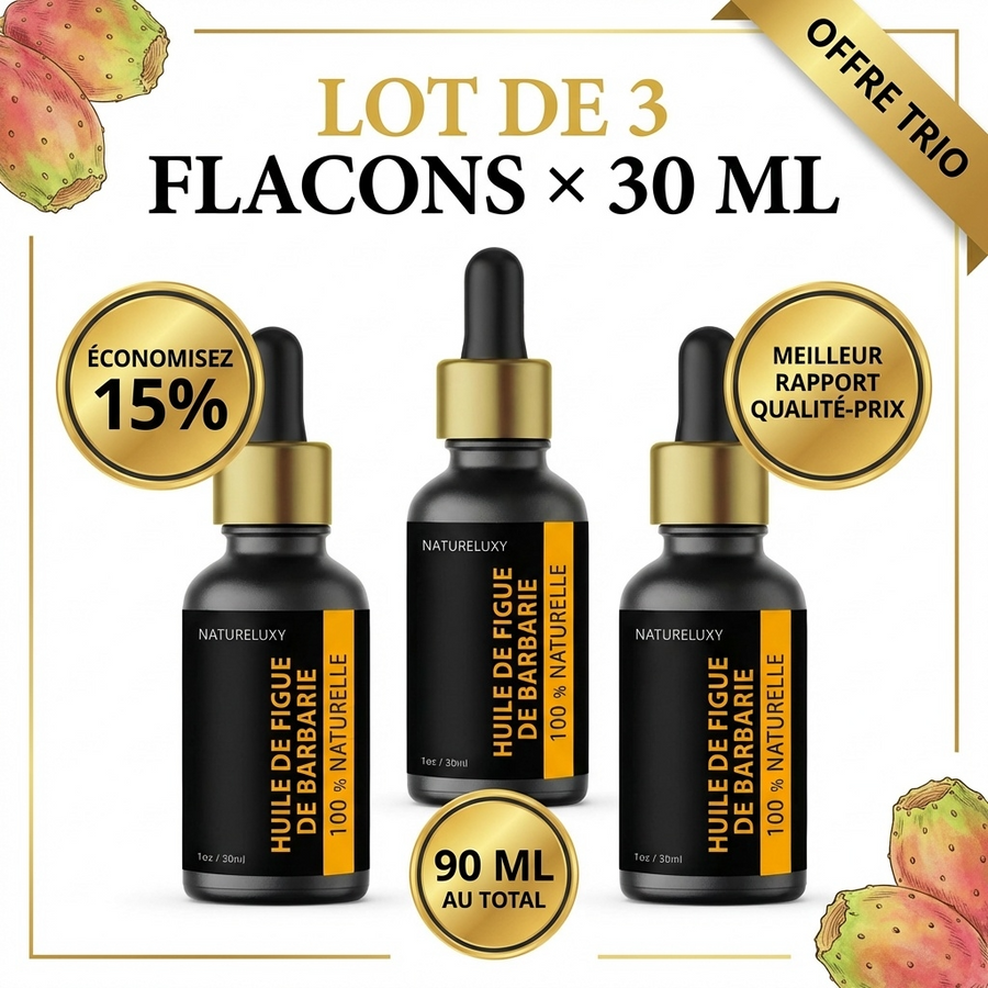 Lot de 3 Huiles de Figue de Barbarie 30 ml Pipette — 100% naturelle, Huile végétale visage anti-âge (3×30 ml)