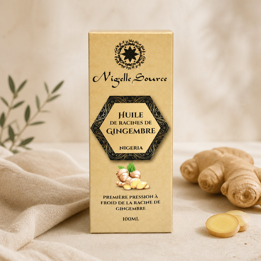 Huile de Racines de Gingembre du Nigéria 100 mL — vue principale hero, packaging Nigelle Pur authentique conservé