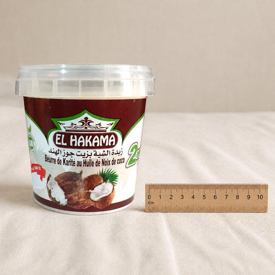 Beurre de Karité & Noix de Coco 150mL - référence échelle 10 cm avec règle en bois, packaging d'origine préservé