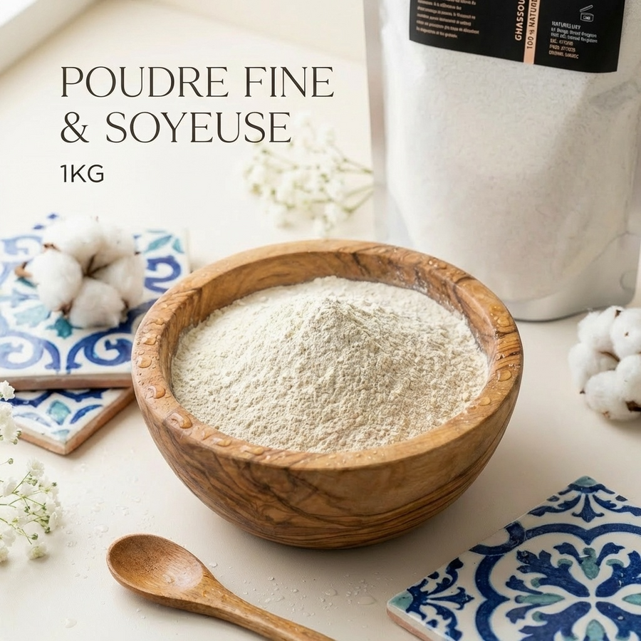 Argile Ghassoul Blanc en Poudre 1Kg Ultrafine Masque Visage Corps et Cheveux
