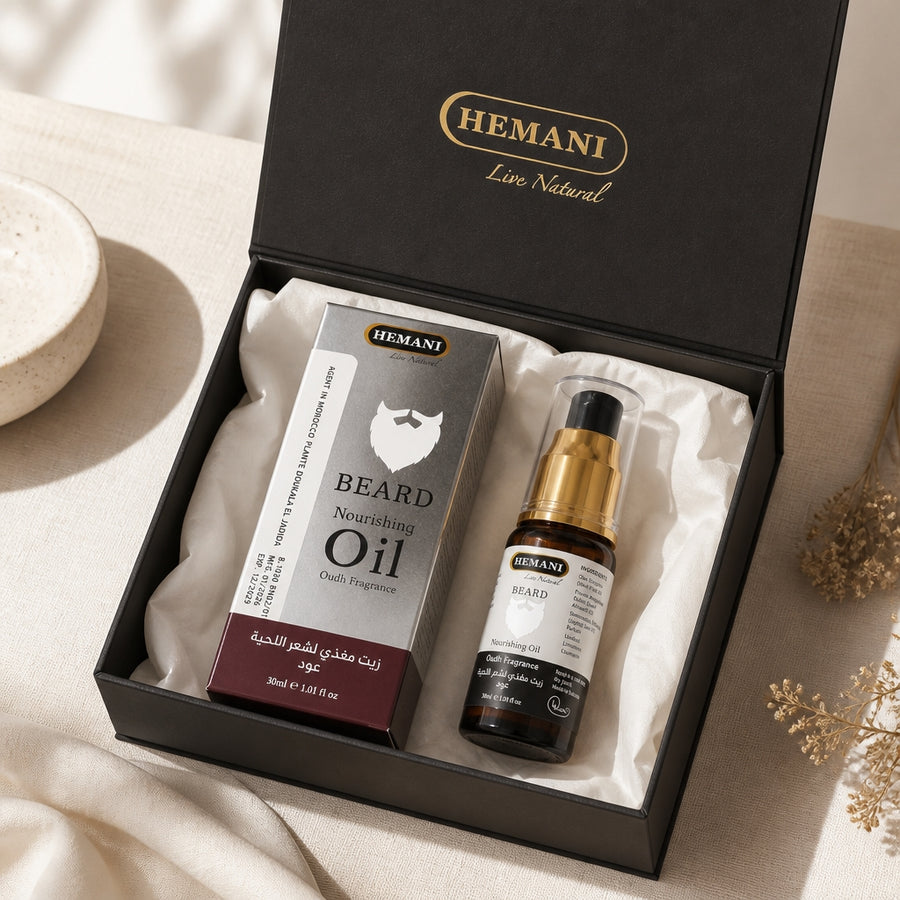 Huile à Barbe senteur oud Hemani — coffret packaging premium